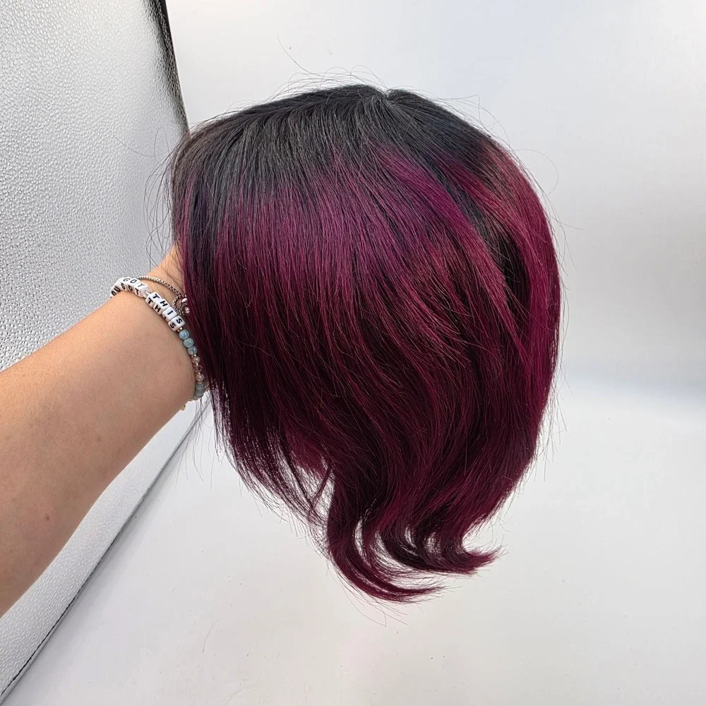 100% Human Hair Ombre Magenta Purple Bob Wig Dark Roots Layered Short Style